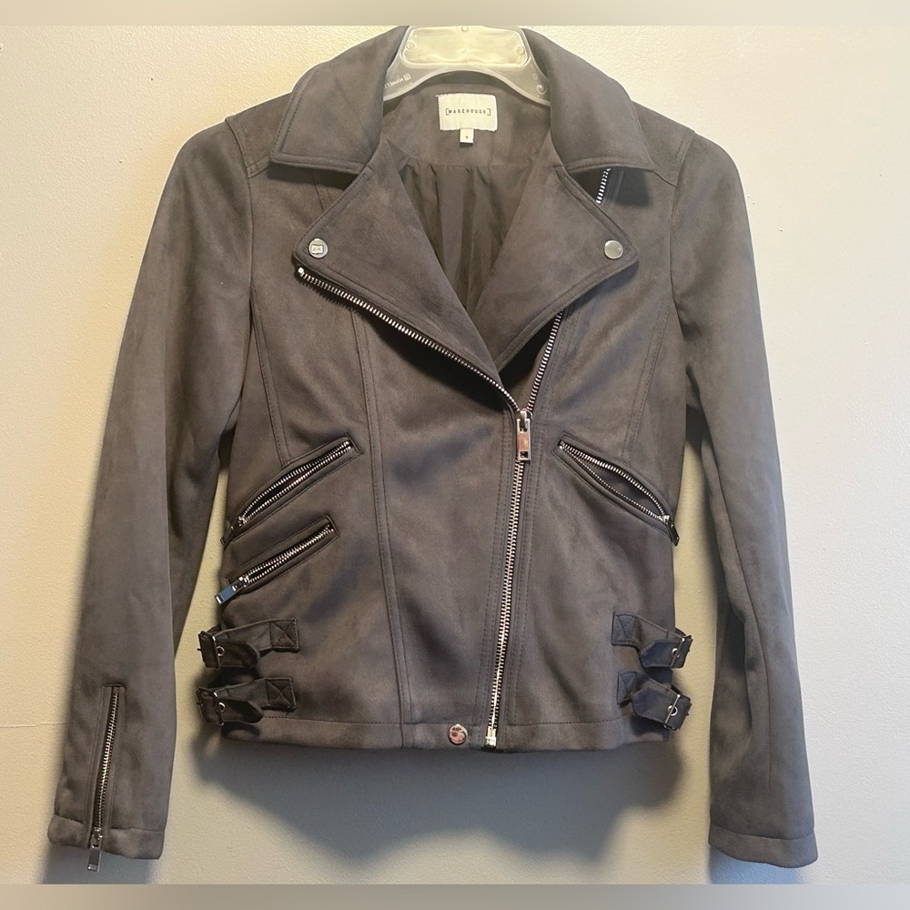 Warehouse Faux Suede Grey Moto Jacket w/3 Zipper Pockets      Size:  8UK  4US